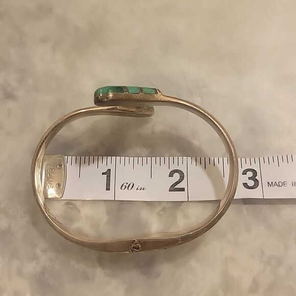 Signed Vintage Mexico Taxco Malachite 925 Sterling Silver Bangle Bracelet Cuff - Picture 12 of 12